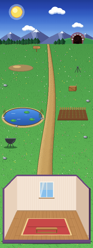 pixel-art meadow with a pond, a dirt path, a garden, a cutaway house, and a glowing cave in the hills
