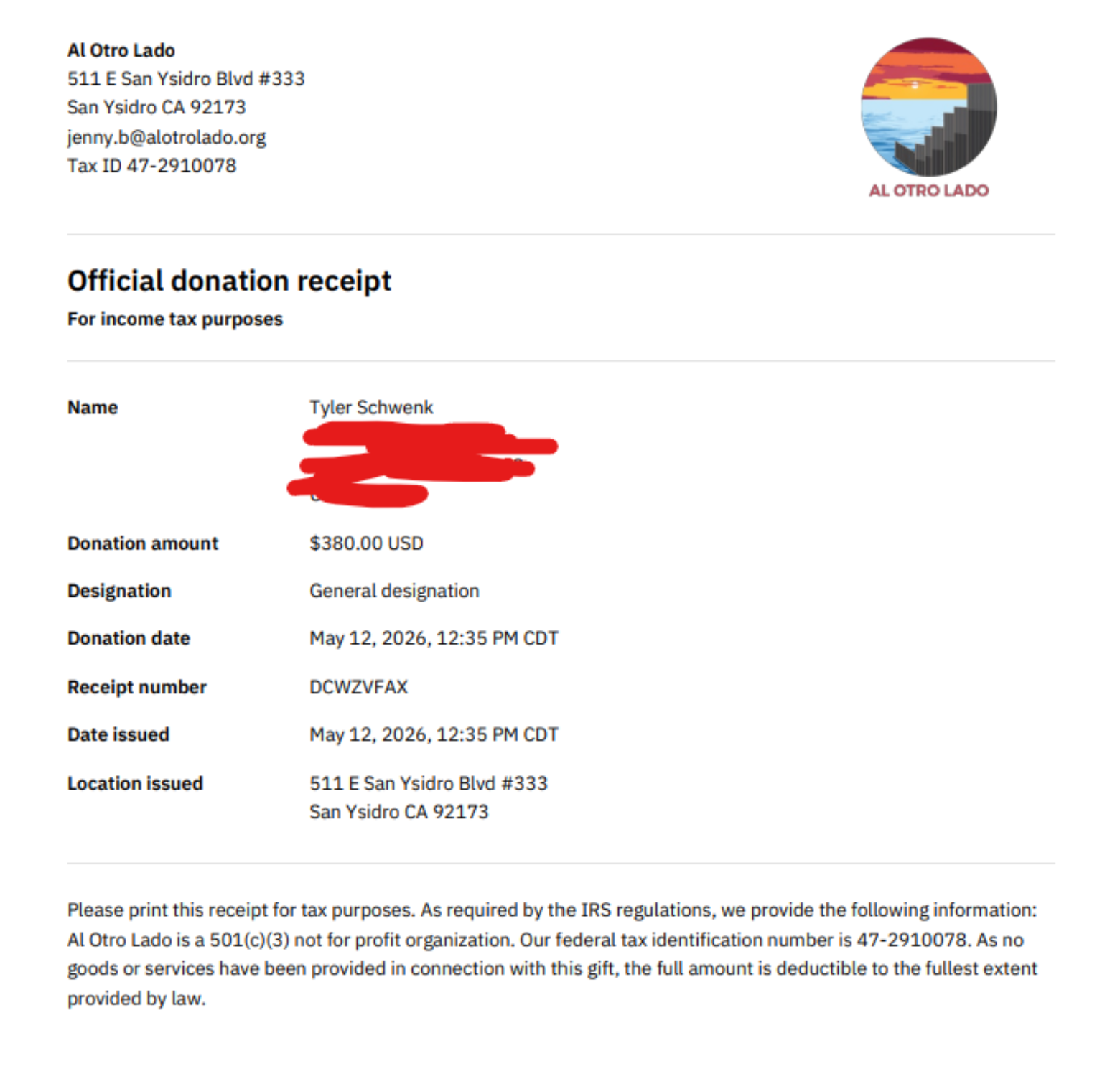 Al Otro Lado donation receipt