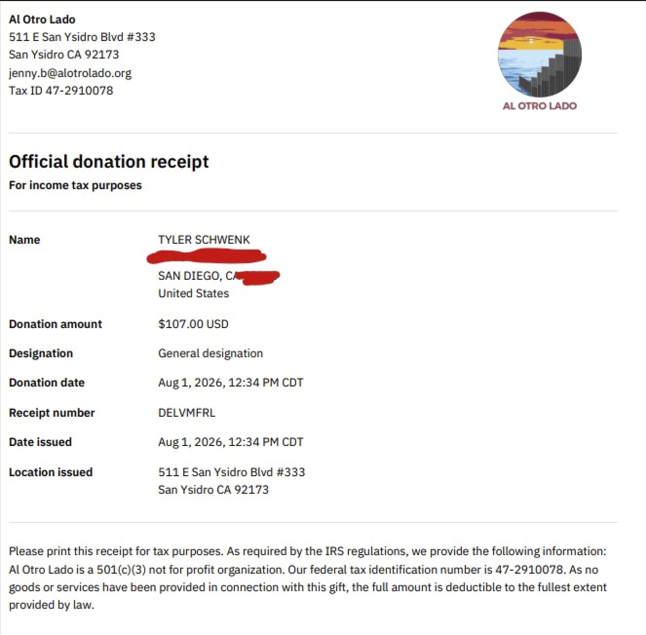 Al Otro Lado donation receipt